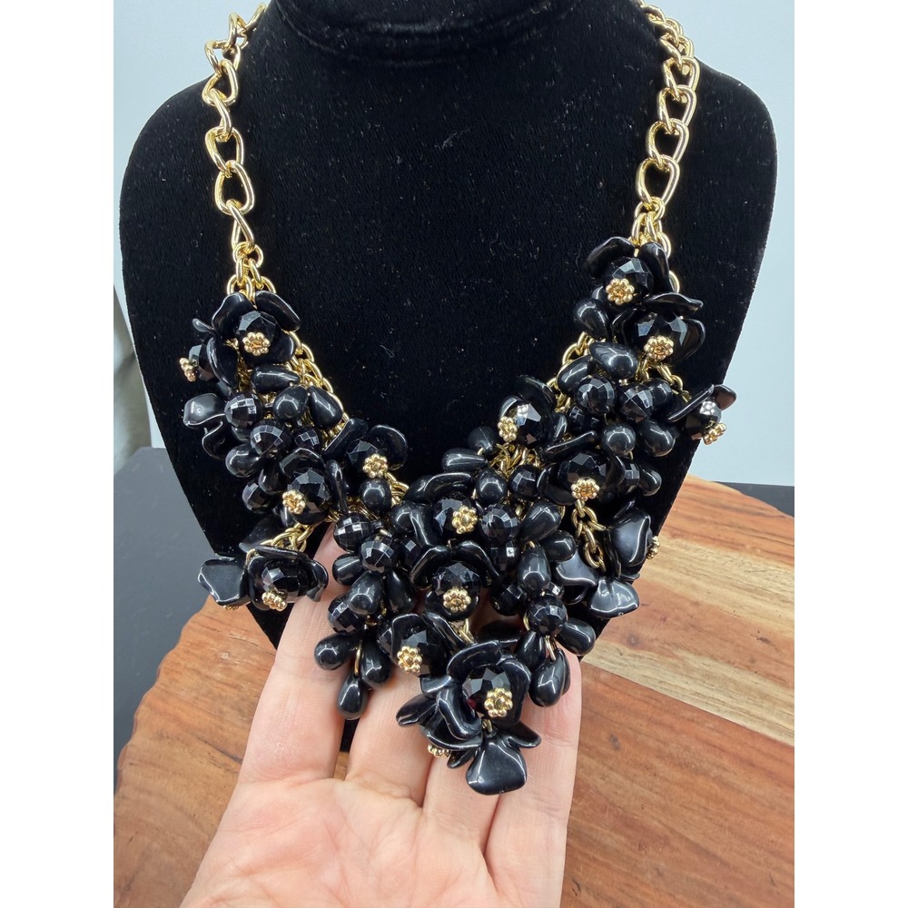 Talbots Floral Bib Necklace Womens OS Black Gold Tone Chunky Statement New